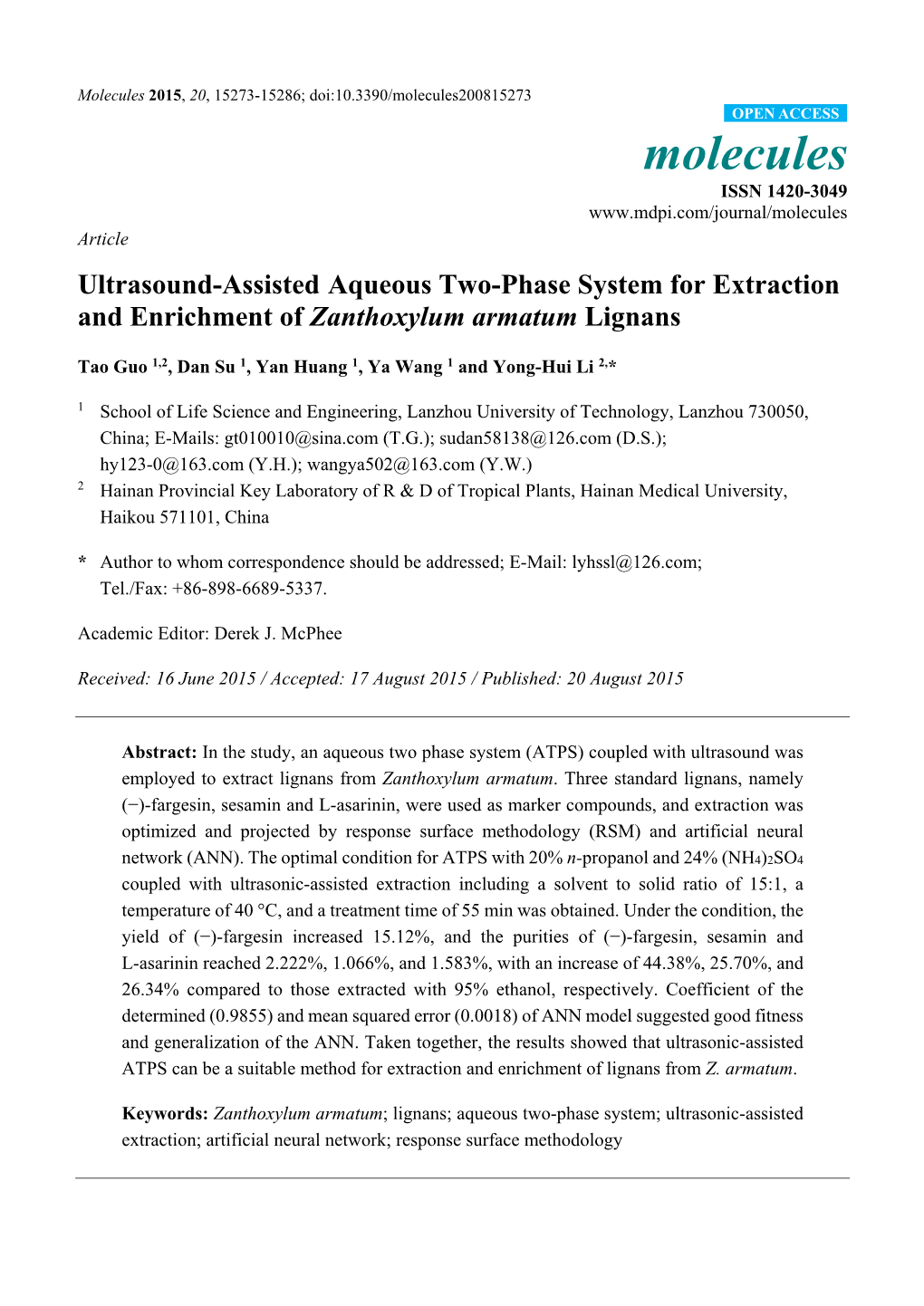 Ultrasound-Assisted Aqueous Two-Phase System for Extraction and Enrichment of Zanthoxylum Armatum Lignans