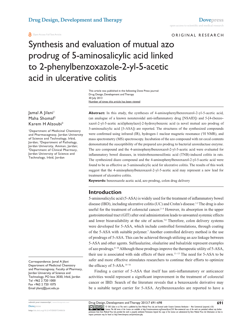 Synthesis and Evaluation of Mutual Azo Prodrug of 5-Aminosalicylic Acid Linked to 2-Phenylbenzoxazole-2-Yl-5-Acetic Acid in Ulcerative Colitis