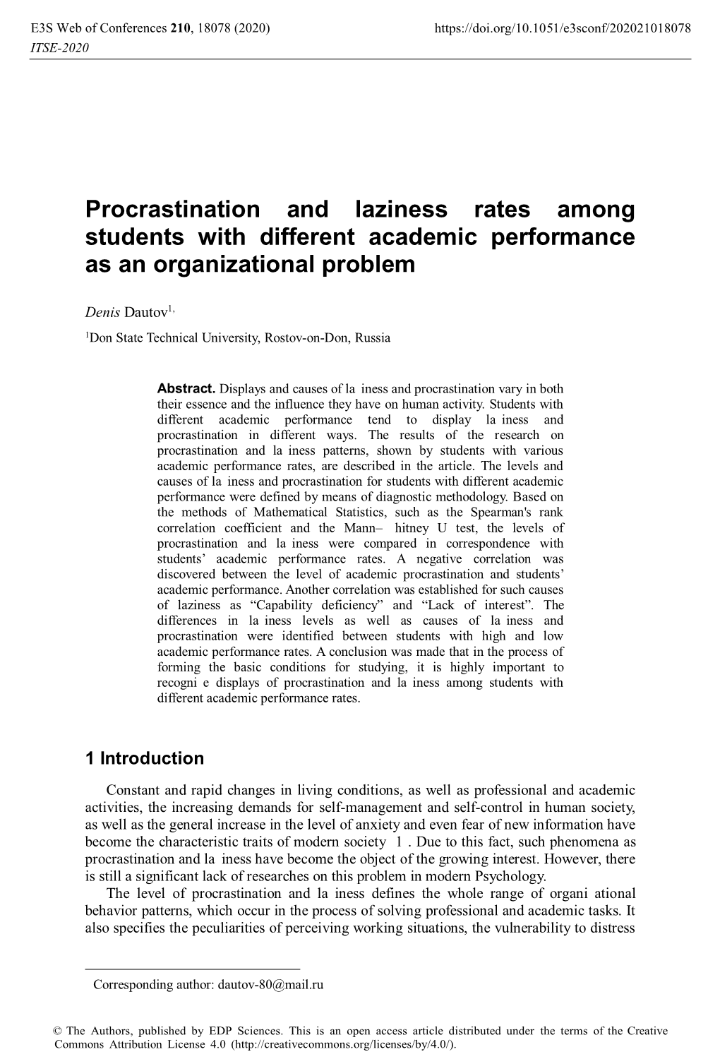 Procrastination and Laziness Rates Among Students with Different Academic Performance As an Organizational Problem