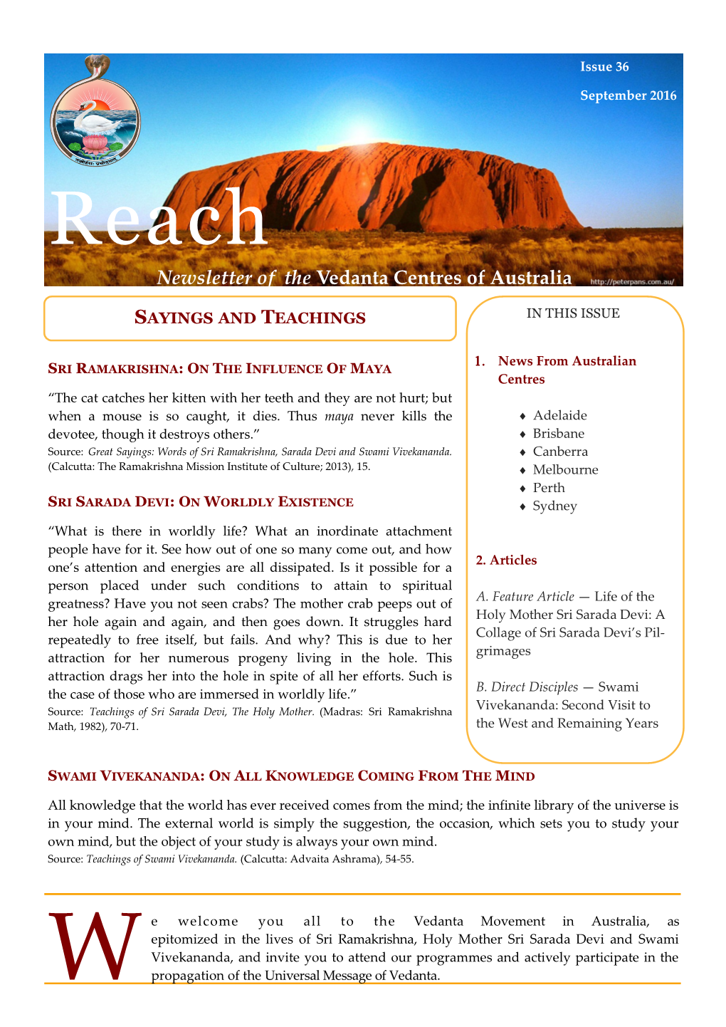 Newsletter of the Vedanta Centres of Australia