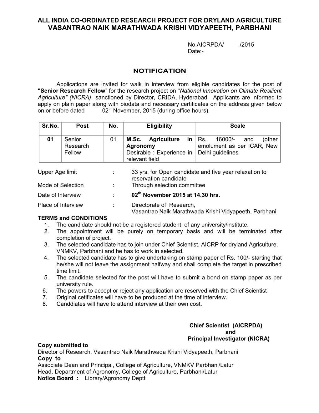 India Co-Ordinated Research Project for Dryland Agriculture Vasantrao Naik Marathwada Krishi Vidyapeeth, Parbhani