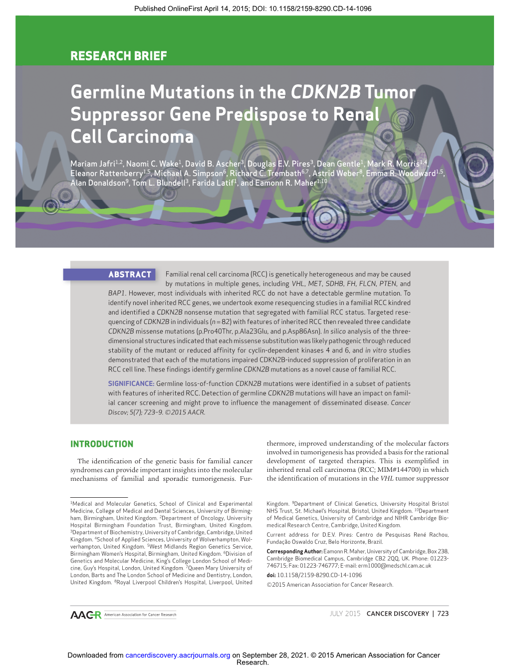 Germline Mutations in the CDKN2B Tumor Suppressor Gene Predispose to Renal Cell Carcinoma