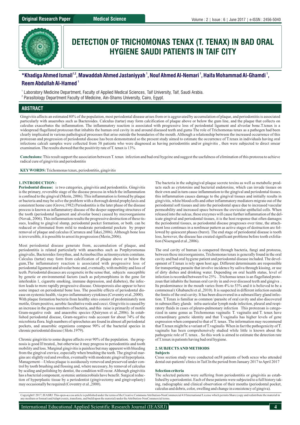 (T. Tenax) in Bad Oral Hygiene Saudi Patients in Taif City