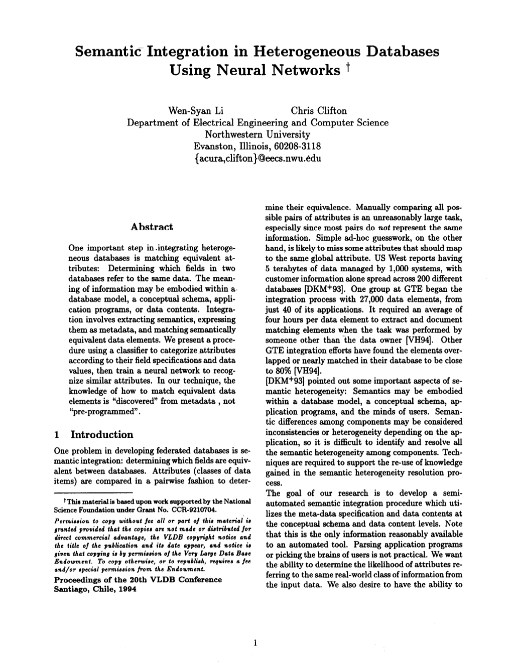 Semantic Integration in Heterogeneous Databases Using Neural Networks T