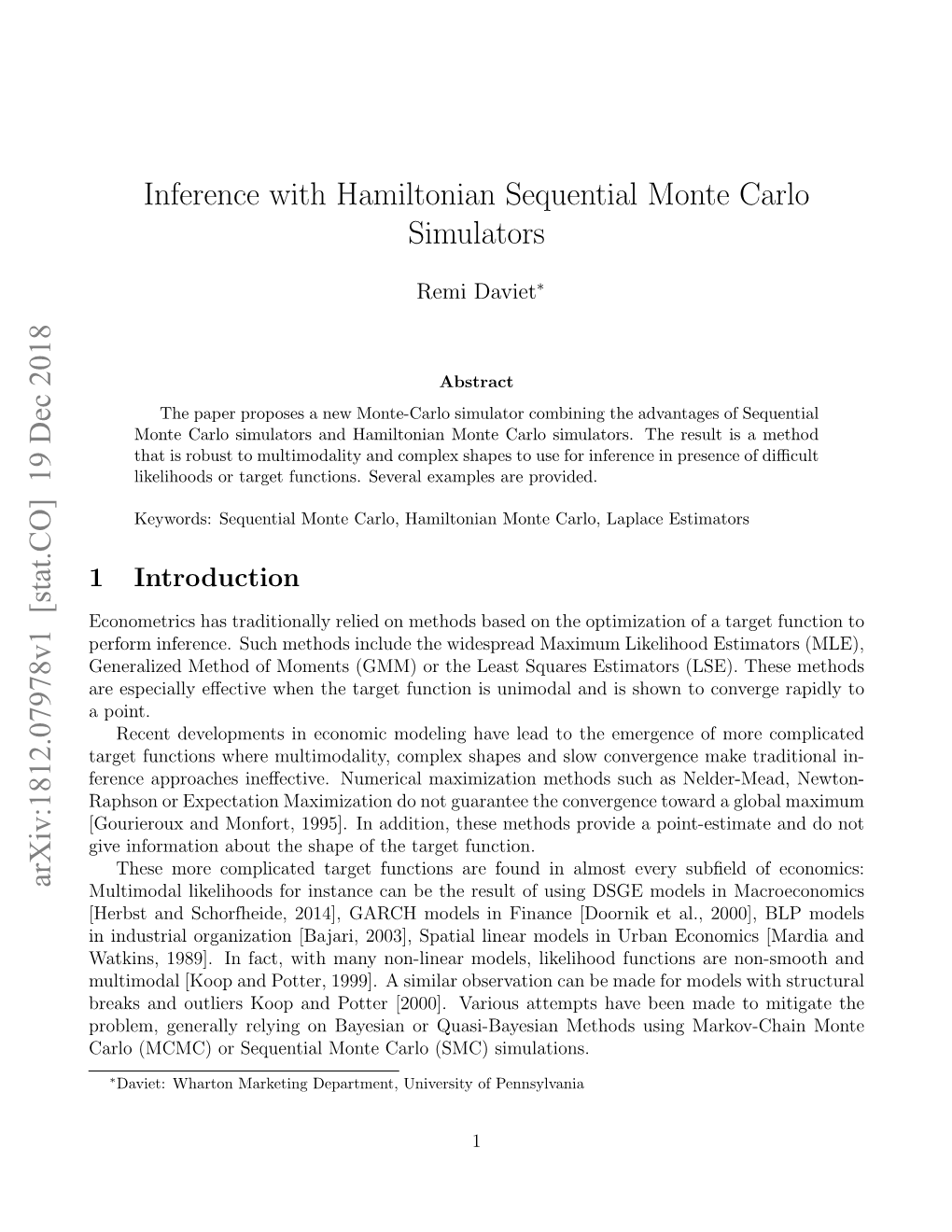 Inference with Hamiltonian Sequential Monte Carlo Simulators Arxiv