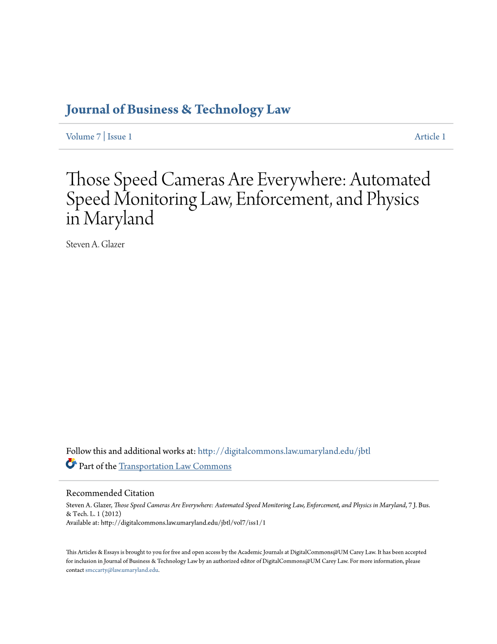 Automated Speed Monitoring Law, Enforcement, and Physics in Maryland Steven A