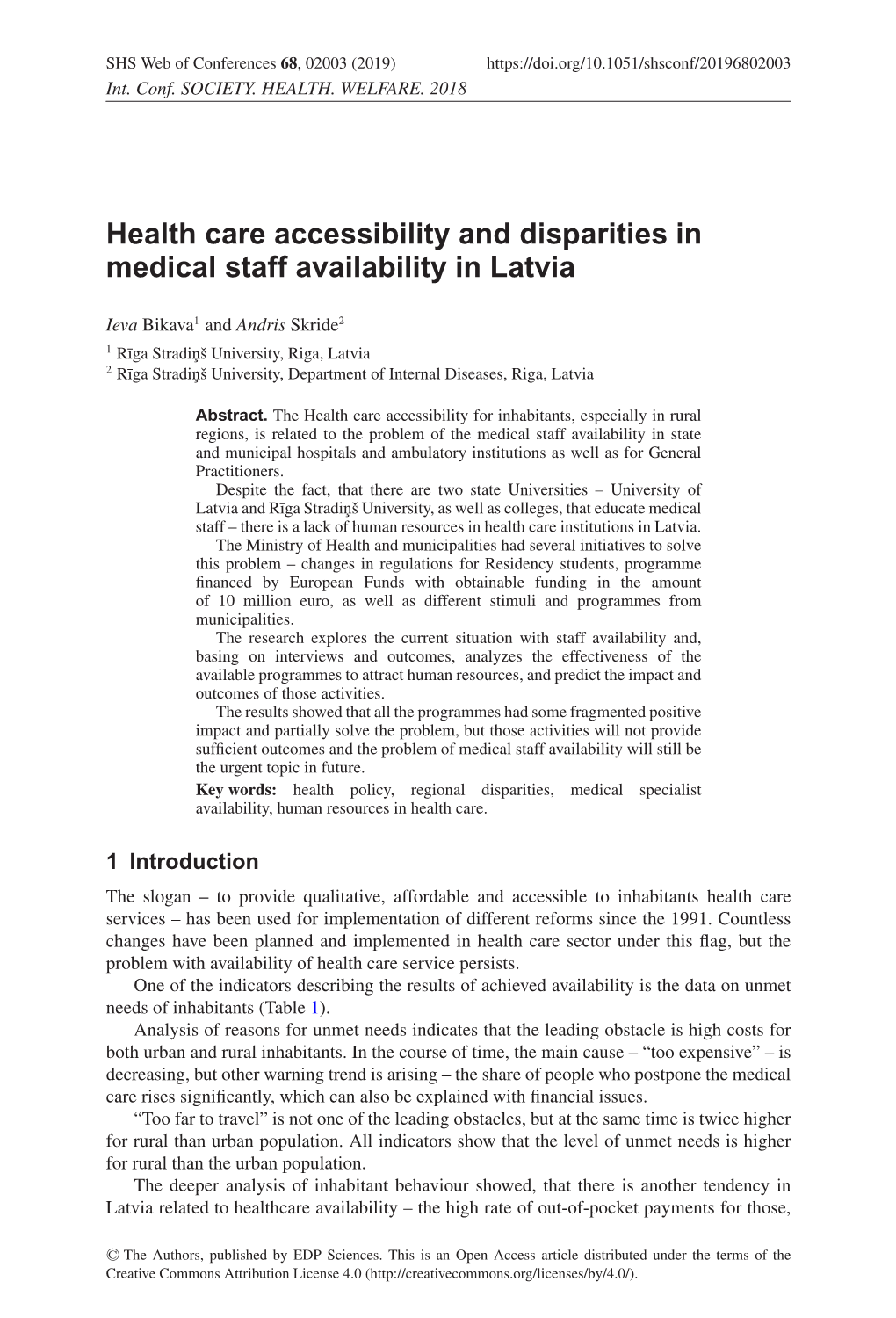 Health Care Accessibility and Disparities in Medical Staff Availability in Latvia