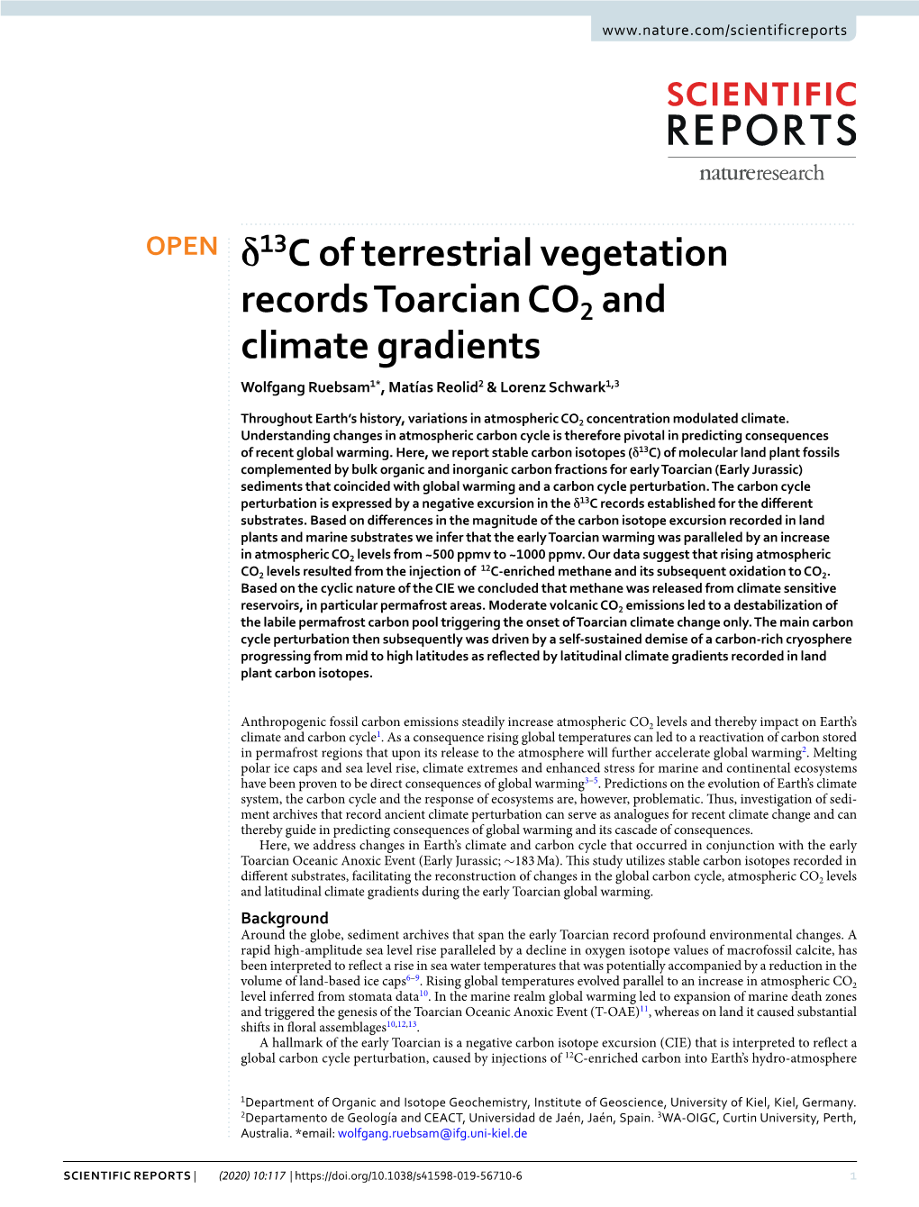 Δ13c of Terrestrial Vegetation Records Toarcian CO2 and Climate Gradients Wolfgang Ruebsam1*, Matías Reolid2 & Lorenz Schwark1,3