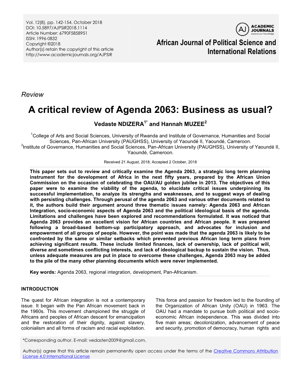 A Critical Review of Agenda 2063: Business As Usual?