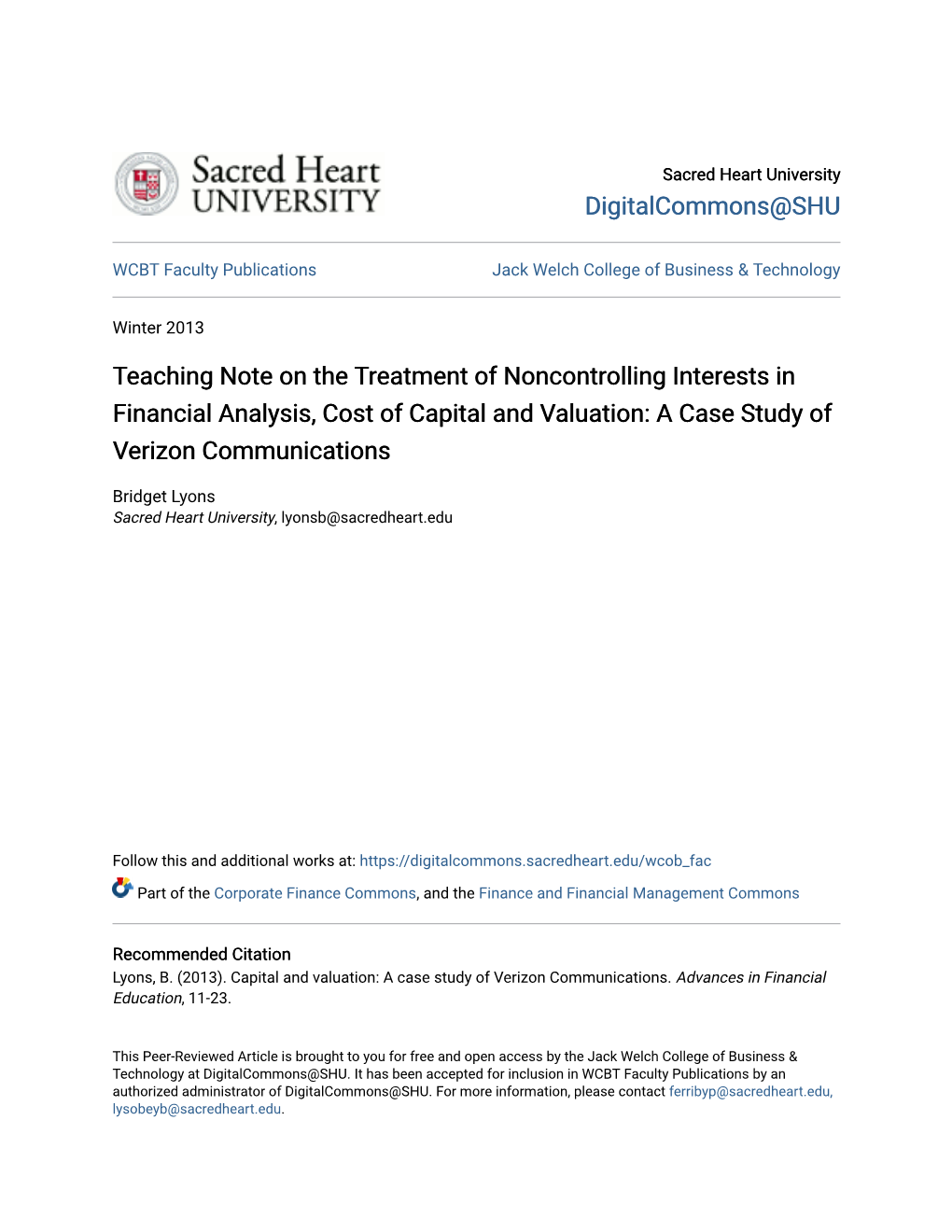 Teaching Note on the Treatment of Noncontrolling Interests in Financial Analysis, Cost of Capital and Valuation: a Case Study of Verizon Communications