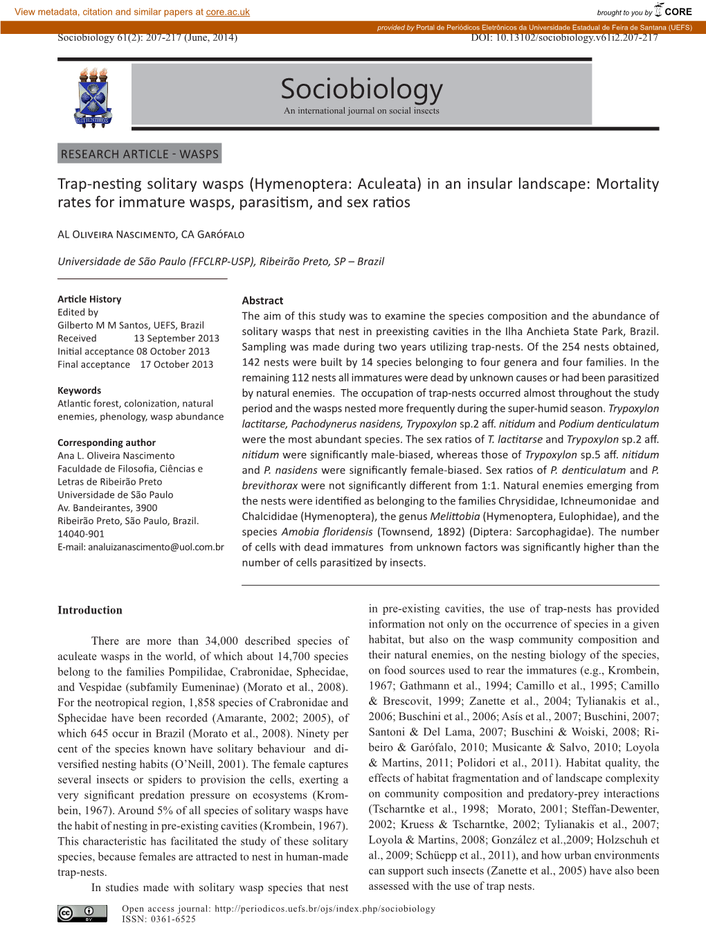 Sociobiology 61(2): 207-217 (June, 2014) DOI: 10.13102/Sociobiology.V61i2.207-217