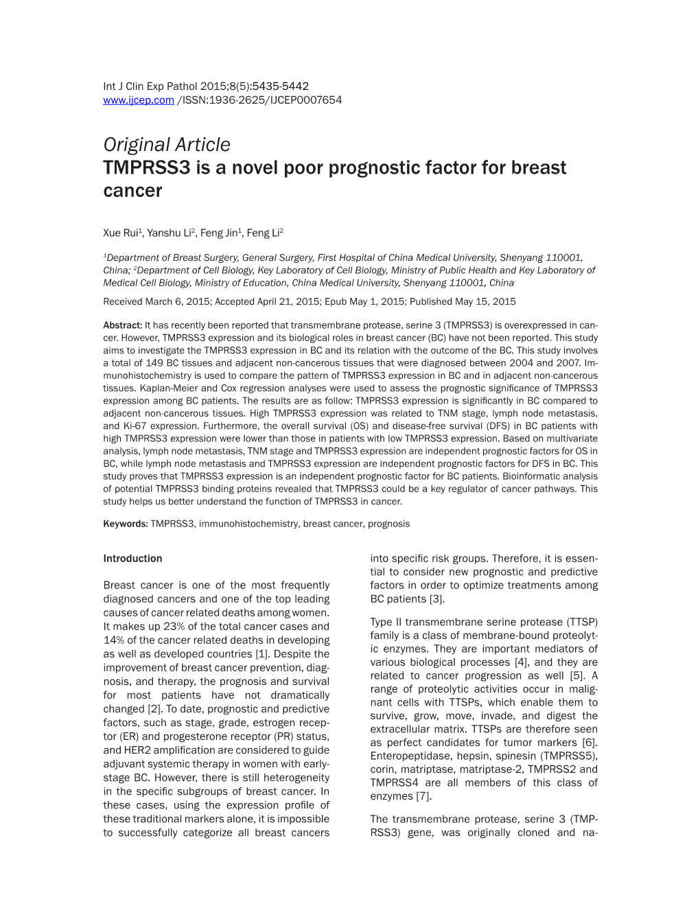 Original Article TMPRSS3 Is a Novel Poor Prognostic Factor for Breast Cancer