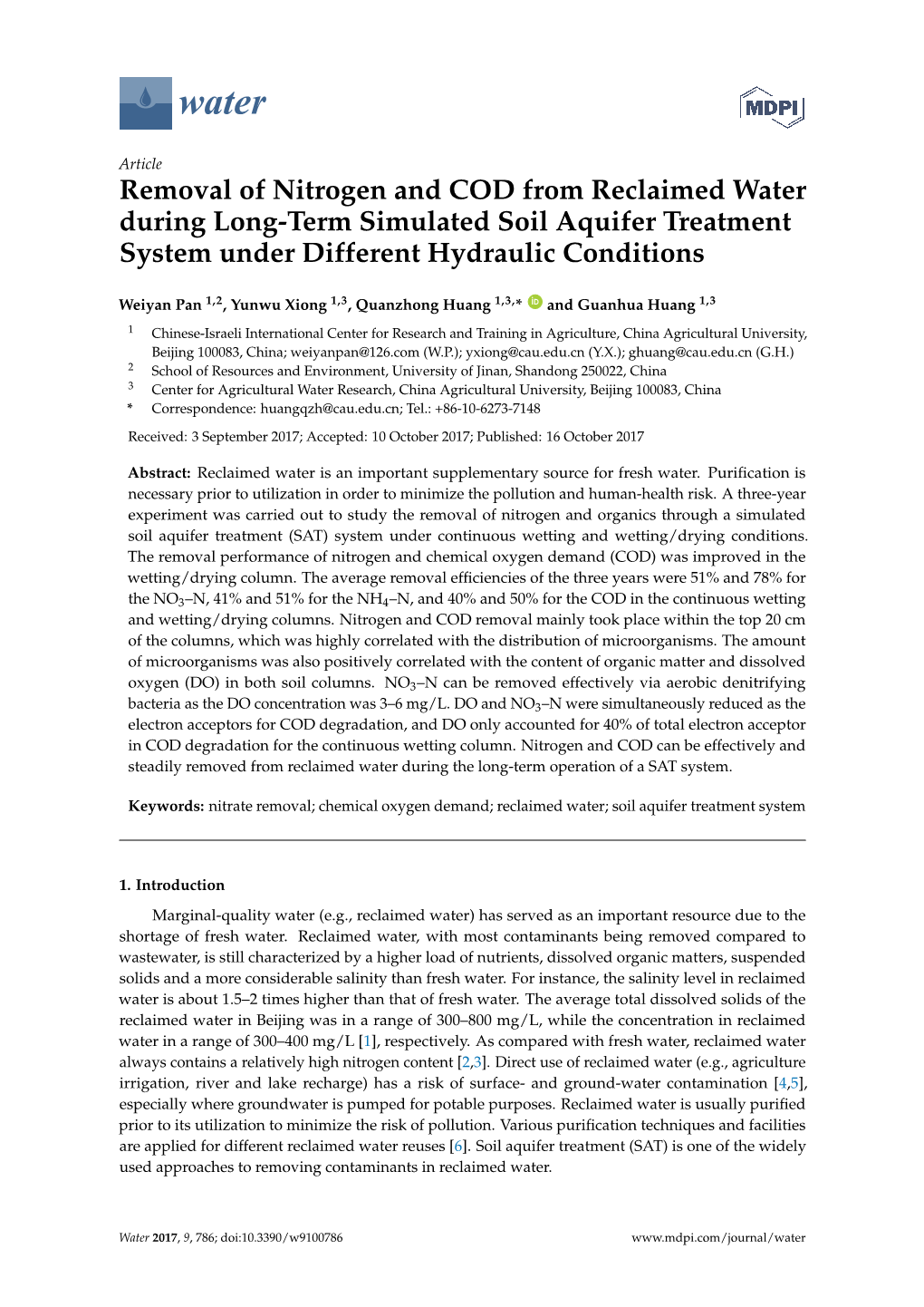 Removal of Nitrogen and COD from Reclaimed Water During Long-Term Simulated Soil Aquifer Treatment System Under Different Hydraulic Conditions