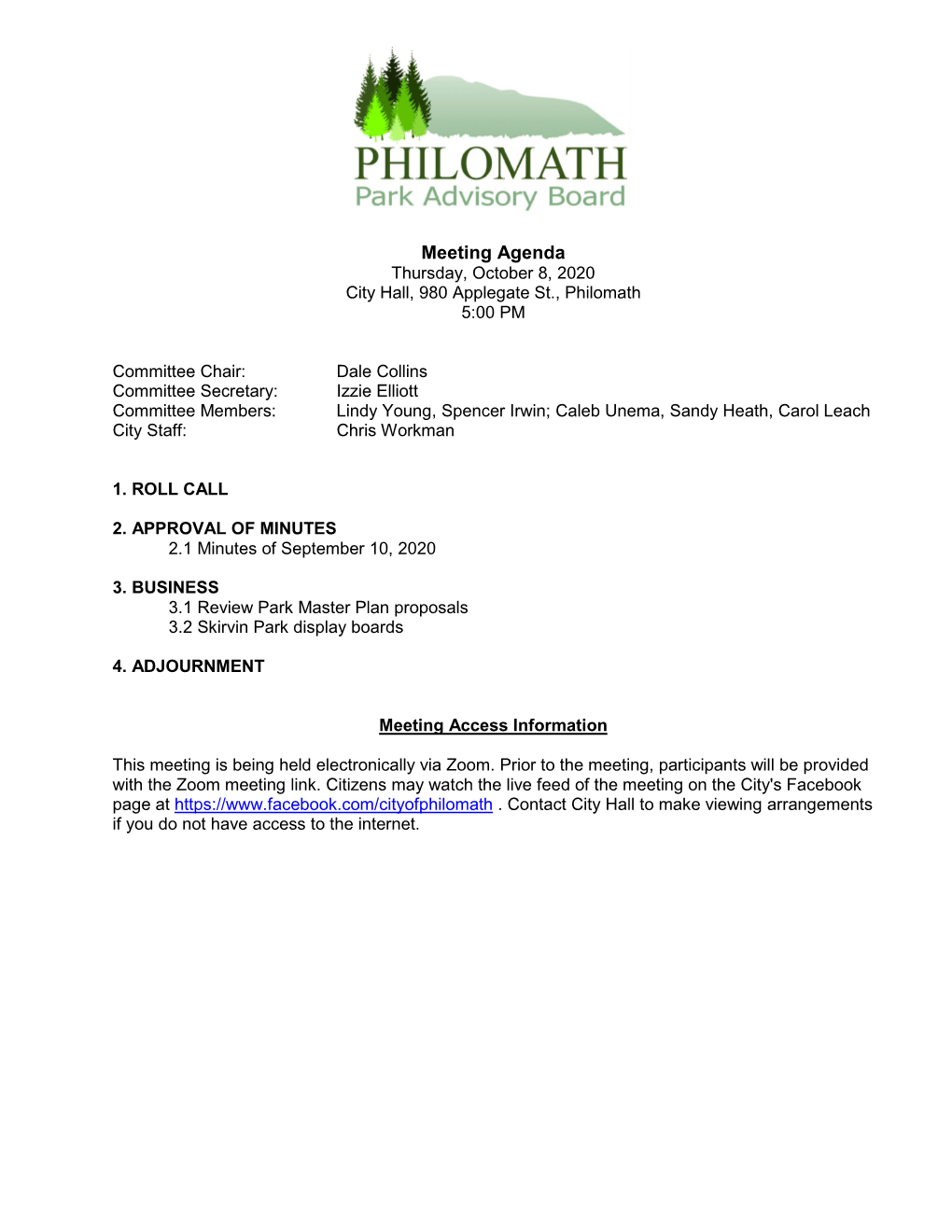 Meeting Agenda Thursday, October 8, 2020 City Hall, 980 Applegate St., Philomath 5:00 PM