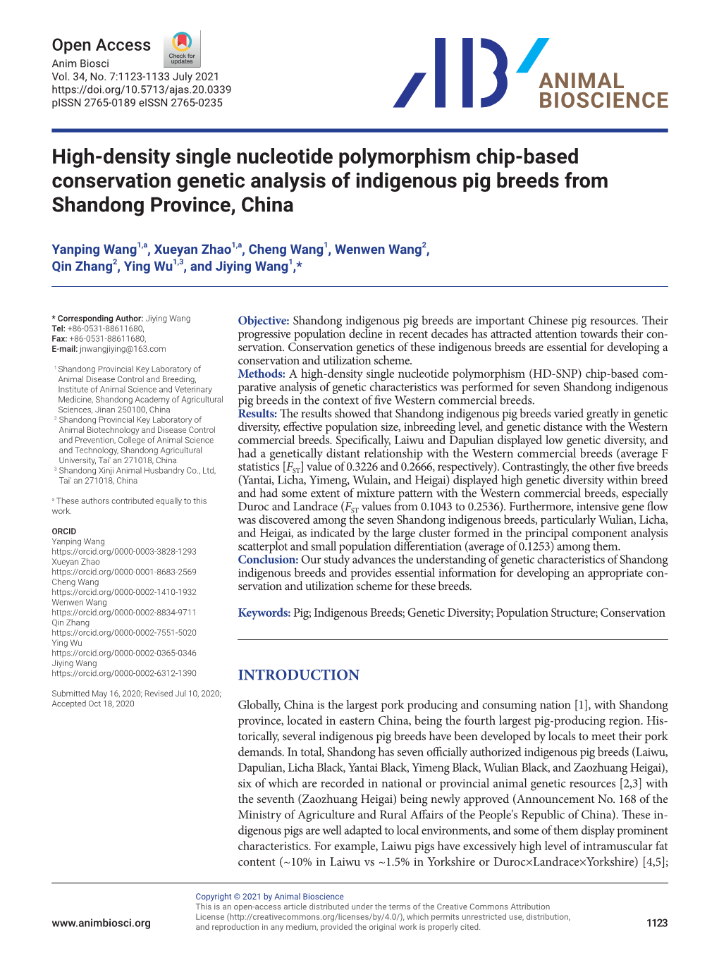 High-Density Single Nucleotide Polymorphism Chip-Based Conservation Genetic Analysis of Indigenous Pig Breeds from Shandong Province, China