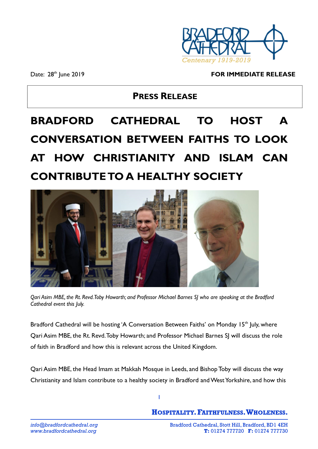 Bradford Cathedral to Host a Conversation Between Faiths to Look at How Christianity and Islam Can Contribute to a Healthy Society
