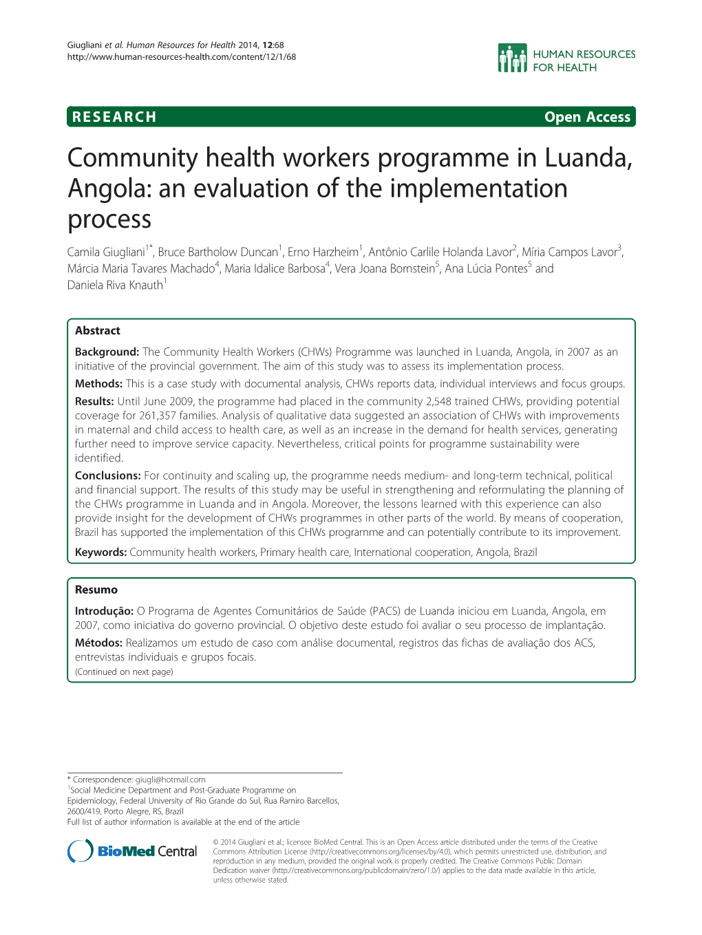 Community Health Workers Programme in Luanda, Angola: An