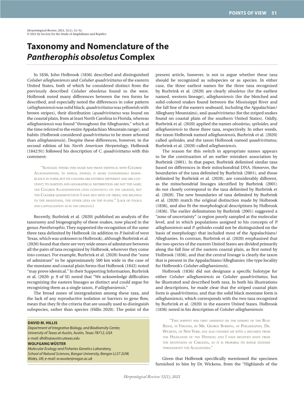 Taxonomy and Nomenclature of the Pantherophis Obsoletus Complex