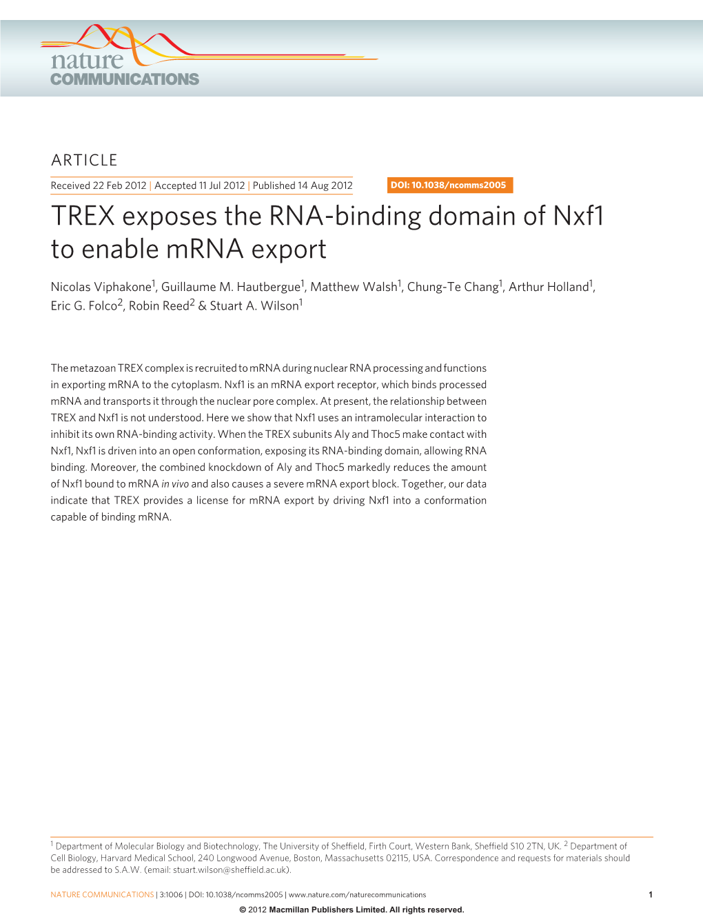 TREX Exposes the RNA-Binding Domain of Nxf1 to Enable Mrna Export