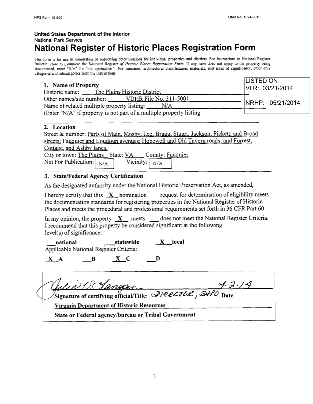 United States Department of the Interior National Park Service National Register of Historic Places Registration Form