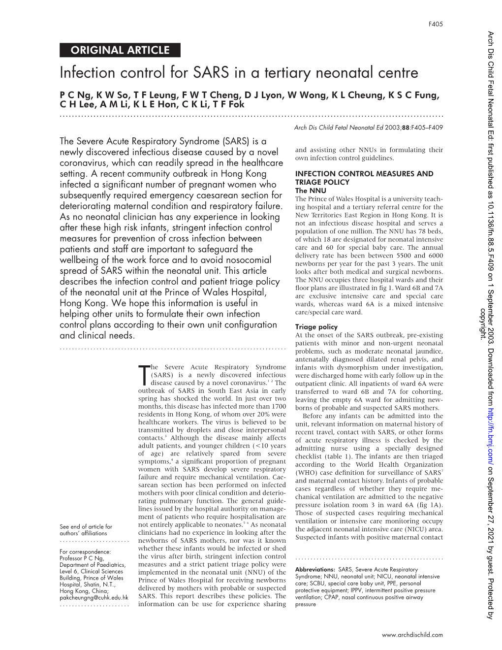 Infection Control for SARS in a Tertiary Neonatal Centre