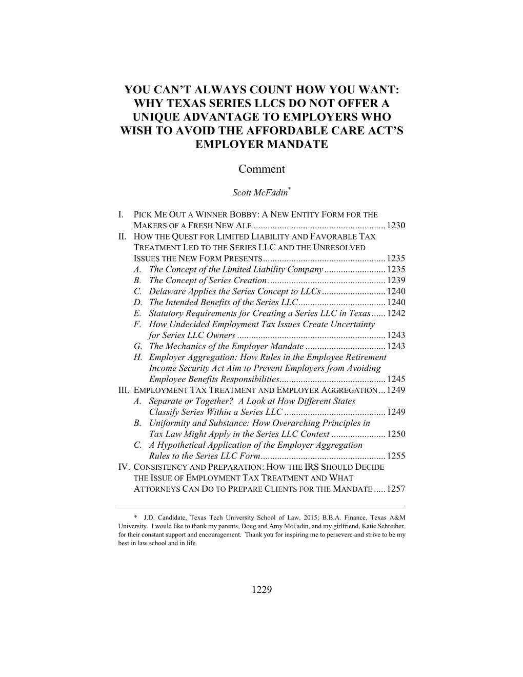 Why Texas Series Llcs Do Not Offer a Unique Advantage to Employers Who Wish to Avoid the Affordable Care Act’S Employer Mandate