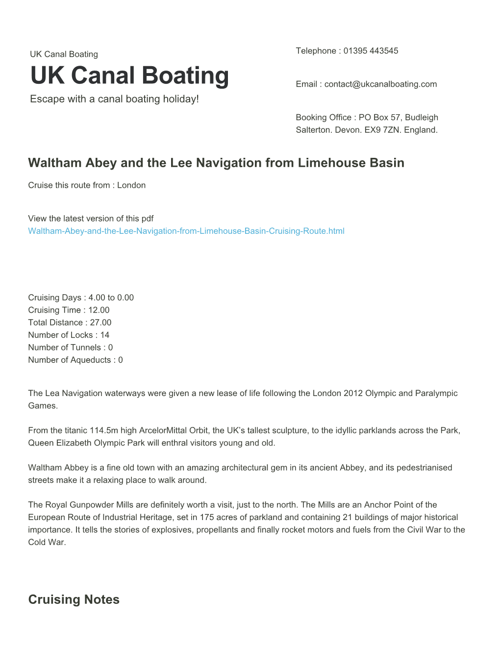 Waltham Abey and the Lee Navigation from Limehouse Basin | UK Canal