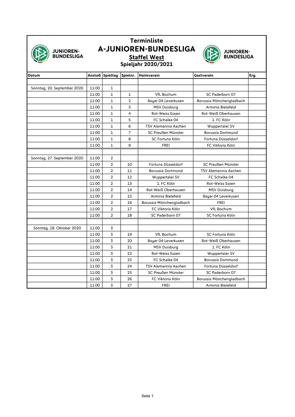 A-JUNIOREN-BUNDESLIGA Staffel West Spieljahr 2020/2021