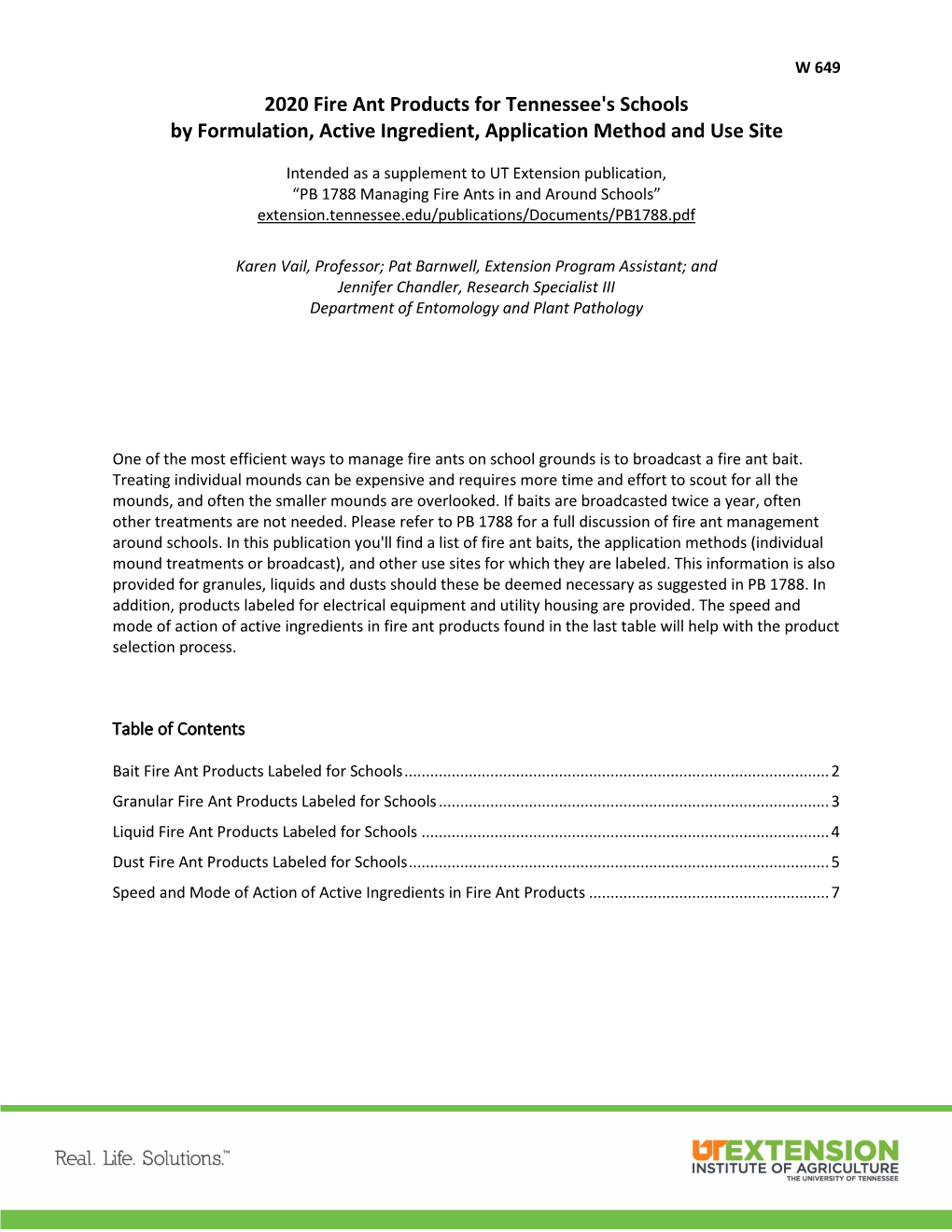 2020 Fire Ant Products for Tennessee's Schools by Formulation, Active Ingredient, Application Method and Use Site