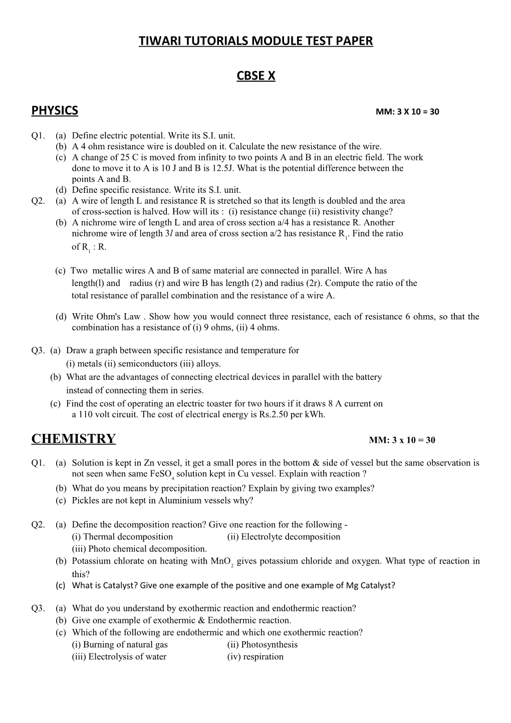 Tiwari Tutorials Module Test Paper