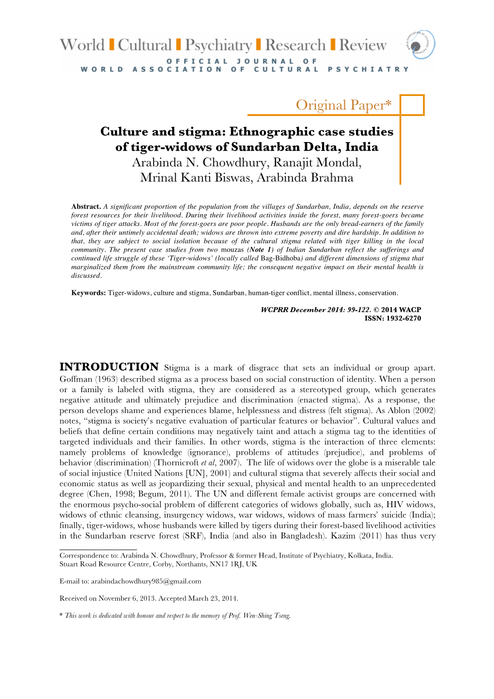 Culture and Stigma: Ethnographic Case Studies of Tiger-Widows of Sundarban Delta, India Arabinda N