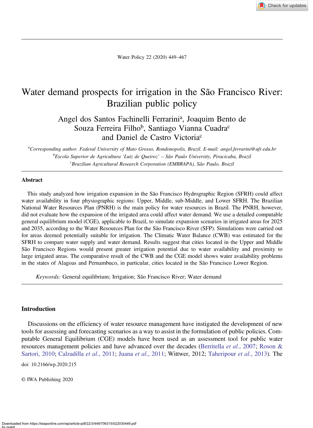 Water Demand Prospects for Irrigation in the São Francisco River