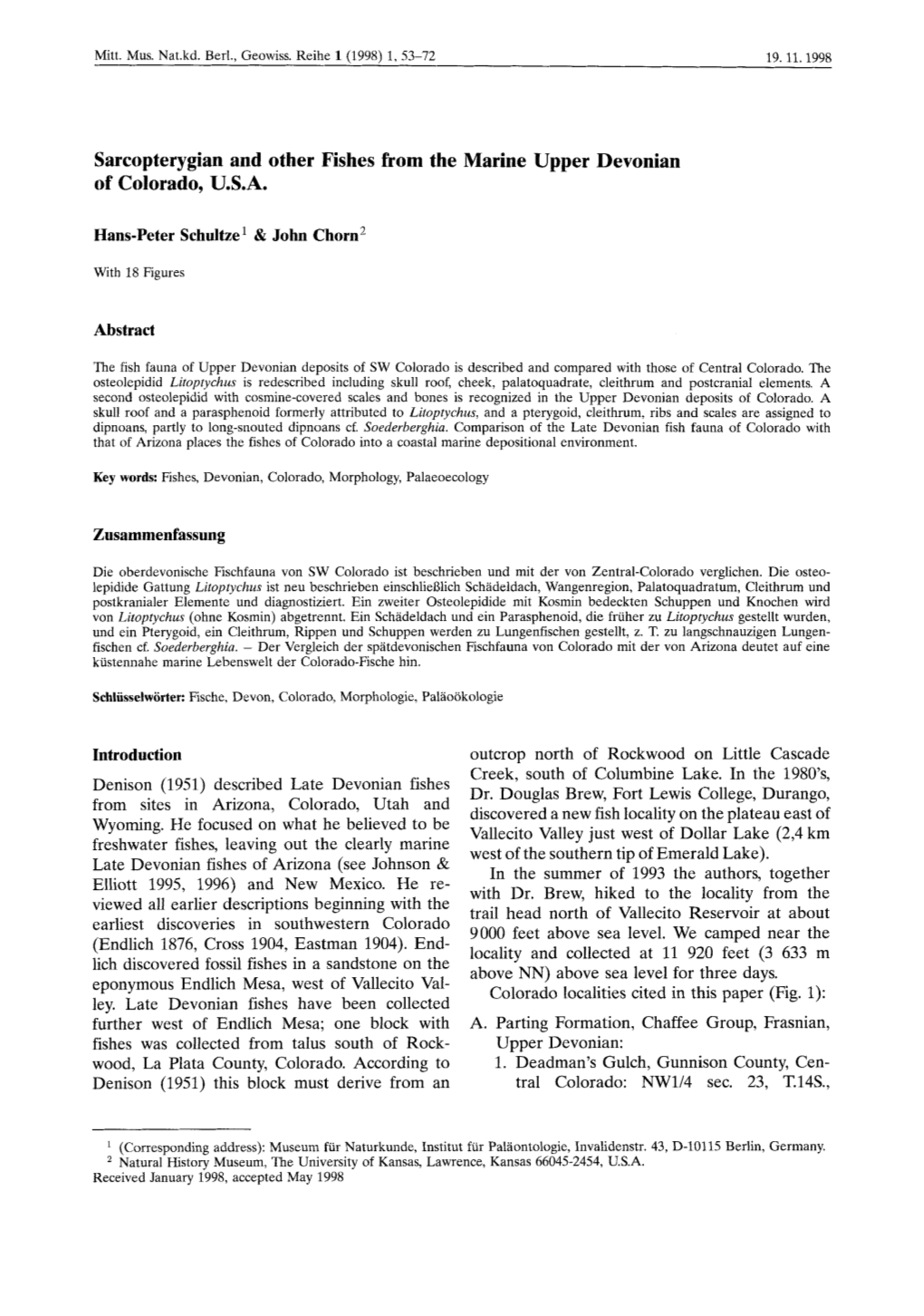 Sarcopterygian and Other Fishes from the Marine Upper Devonian of Colorado, U.S.A