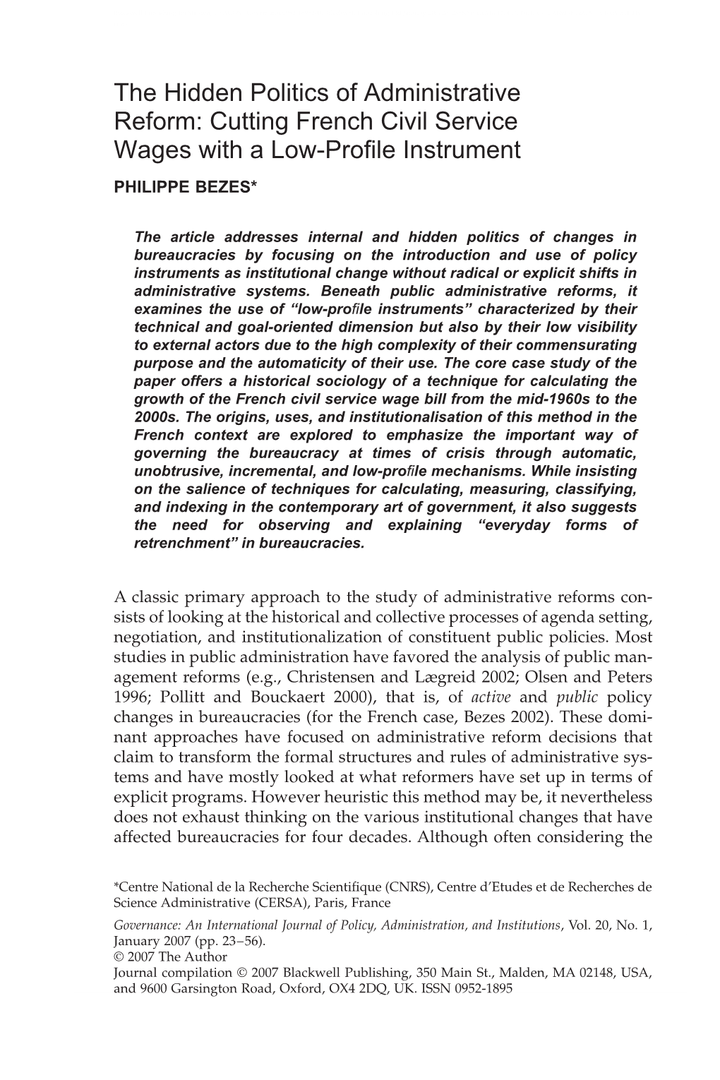 The Hidden Politics of Administrative Reform: Cutting French Civil Service Wages with a Low-Proﬁle Instrument PHILIPPE BEZES*