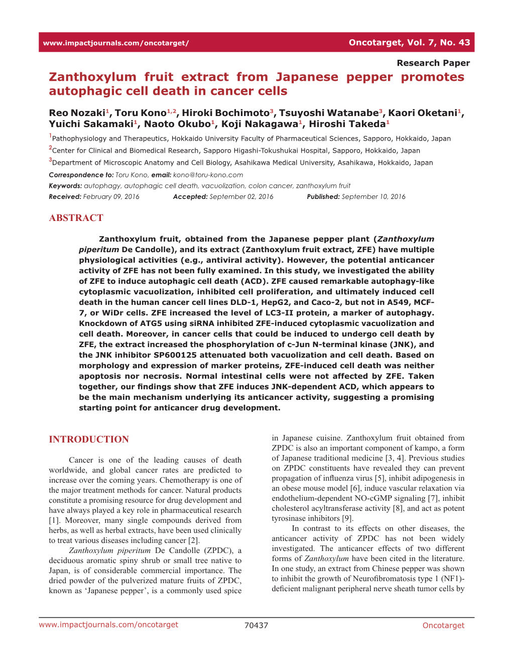 Zanthoxylum Fruit Extract from Japanese Pepper Promotes Autophagic Cell Death in Cancer Cells