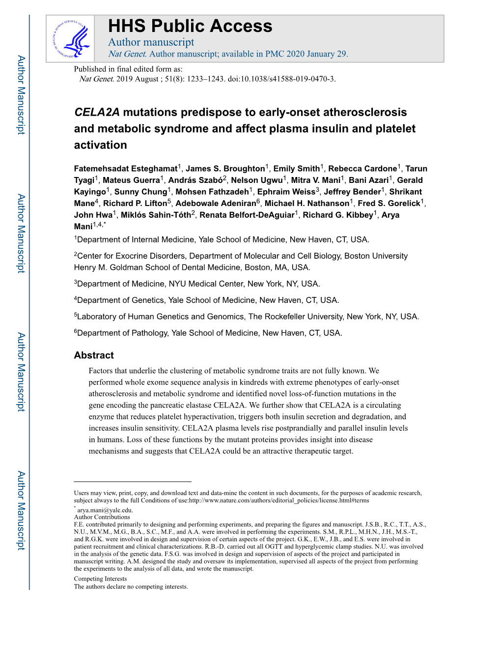 CELA2A Mutations Predispose to Early-Onset Atherosclerosis and Metabolic Syndrome and Affect Plasma Insulin and Platelet Activation