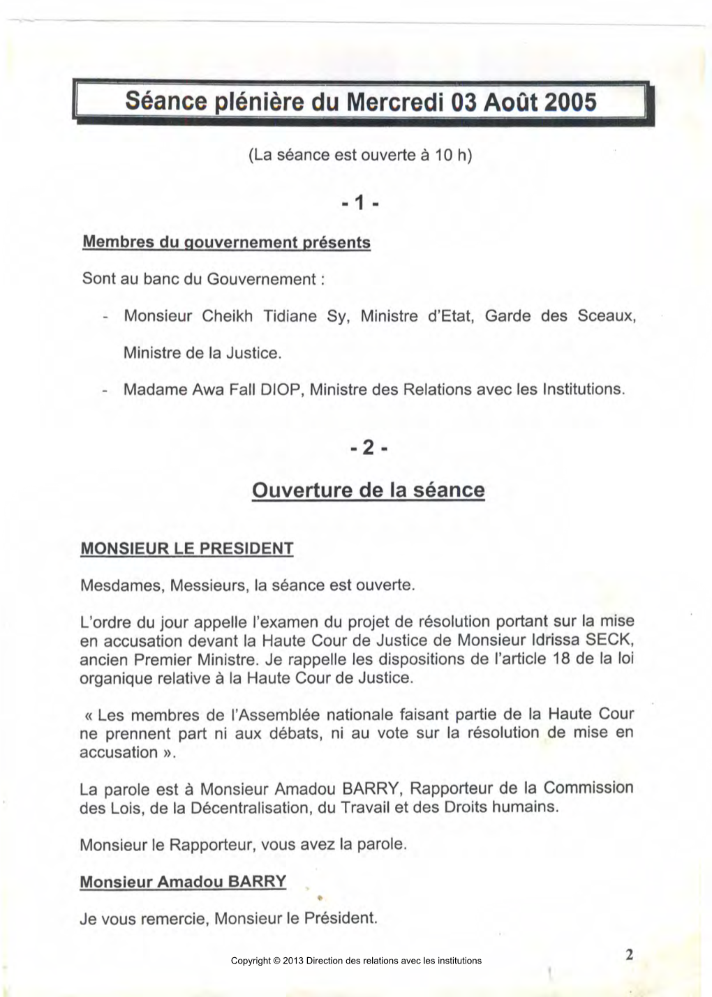 Séance Plénière Du Mercredi 03 Août 2005 1