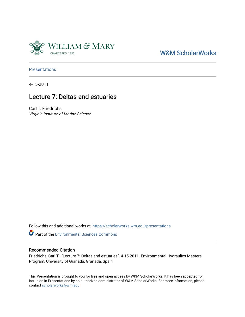 Lecture 7: Deltas and Estuaries