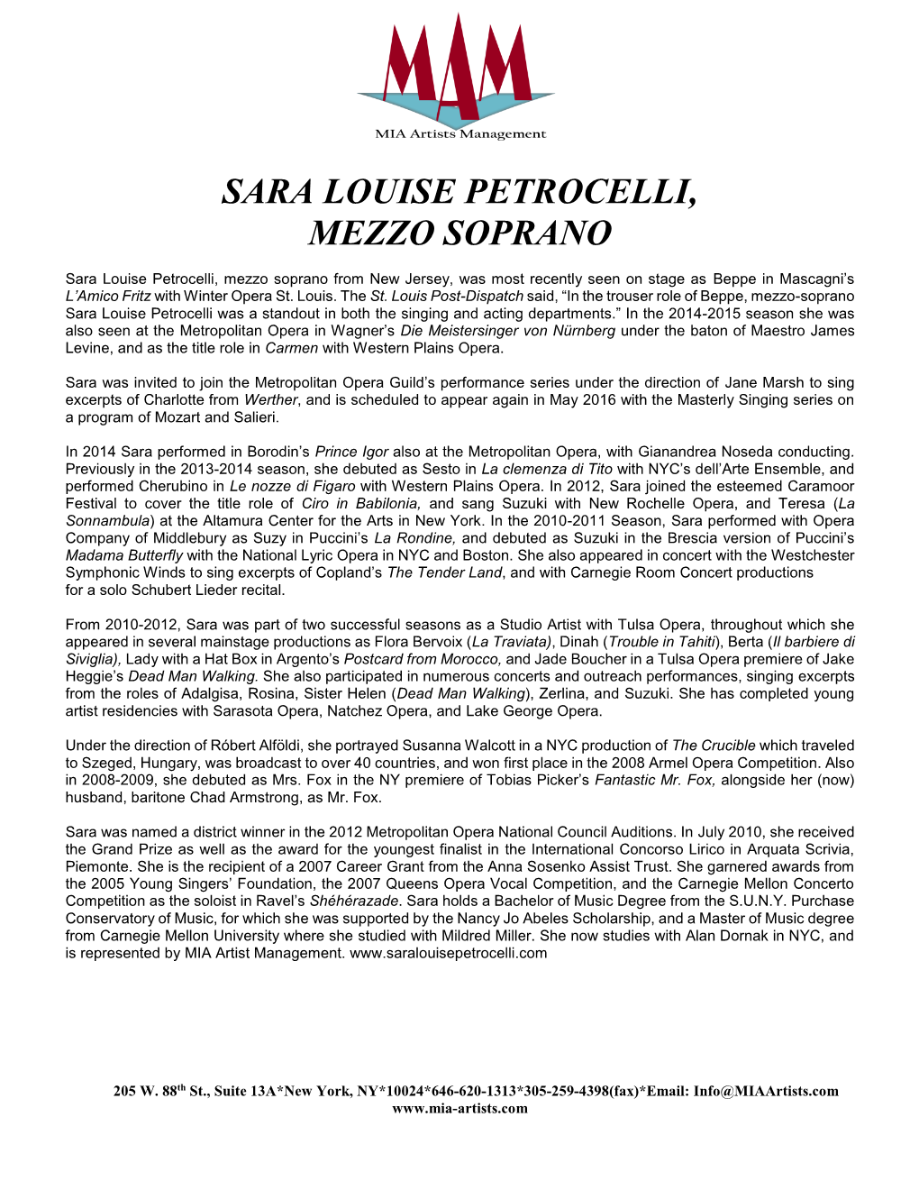 Sara Louise Petrocelli, Mezzo Soprano