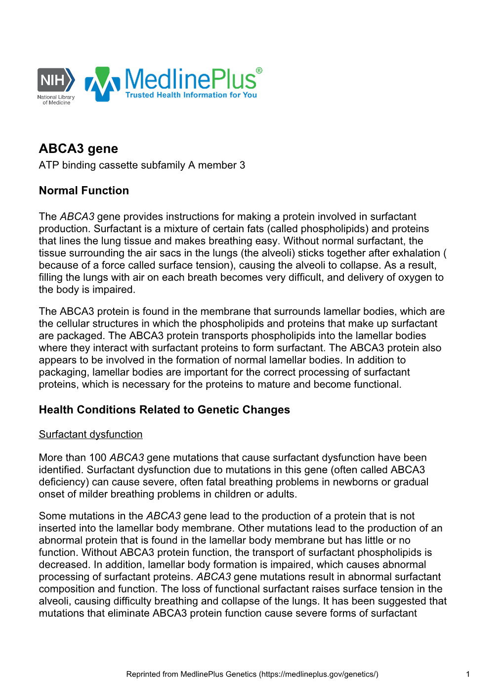 ABCA3 Gene ATP Binding Cassette Subfamily a Member 3