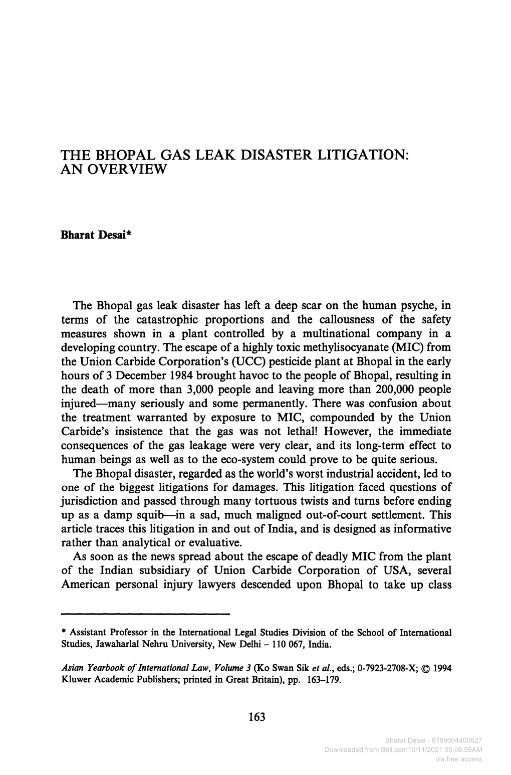 The Bhopal Gas Leak Disaster Litigation: an Overview