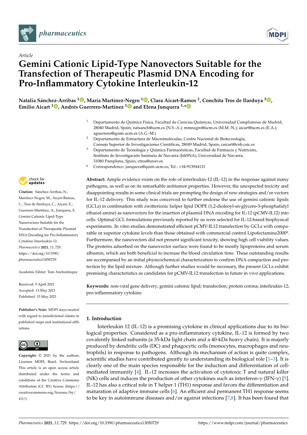 Gemini Cationic Lipid-Type Nanovectors Suitable for the Transfection of Therapeutic Plasmid DNA Encoding for Pro-Inﬂammatory Cytokine Interleukin-12