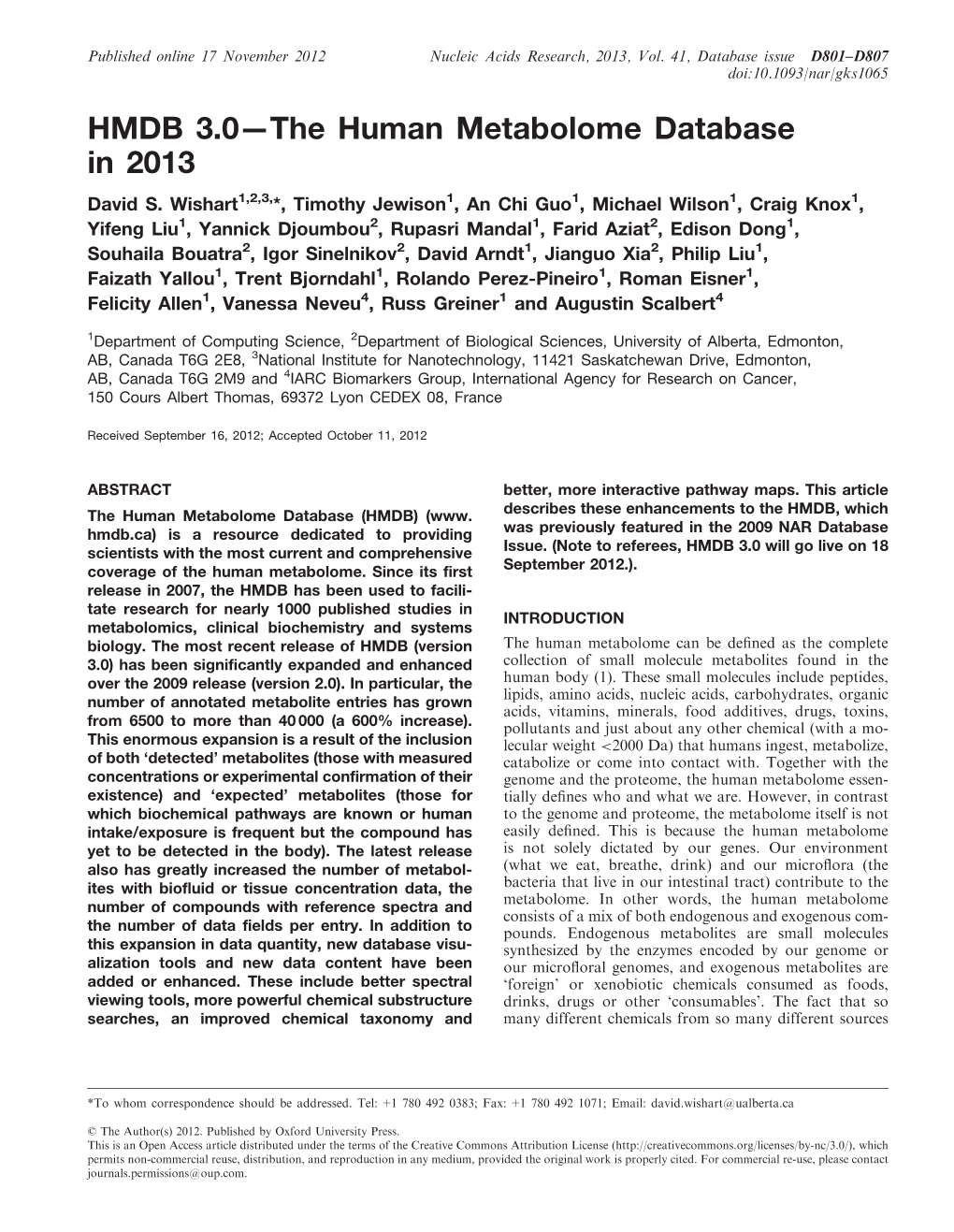 HMDB 3.0—The Human Metabolome Database in 2013 David S