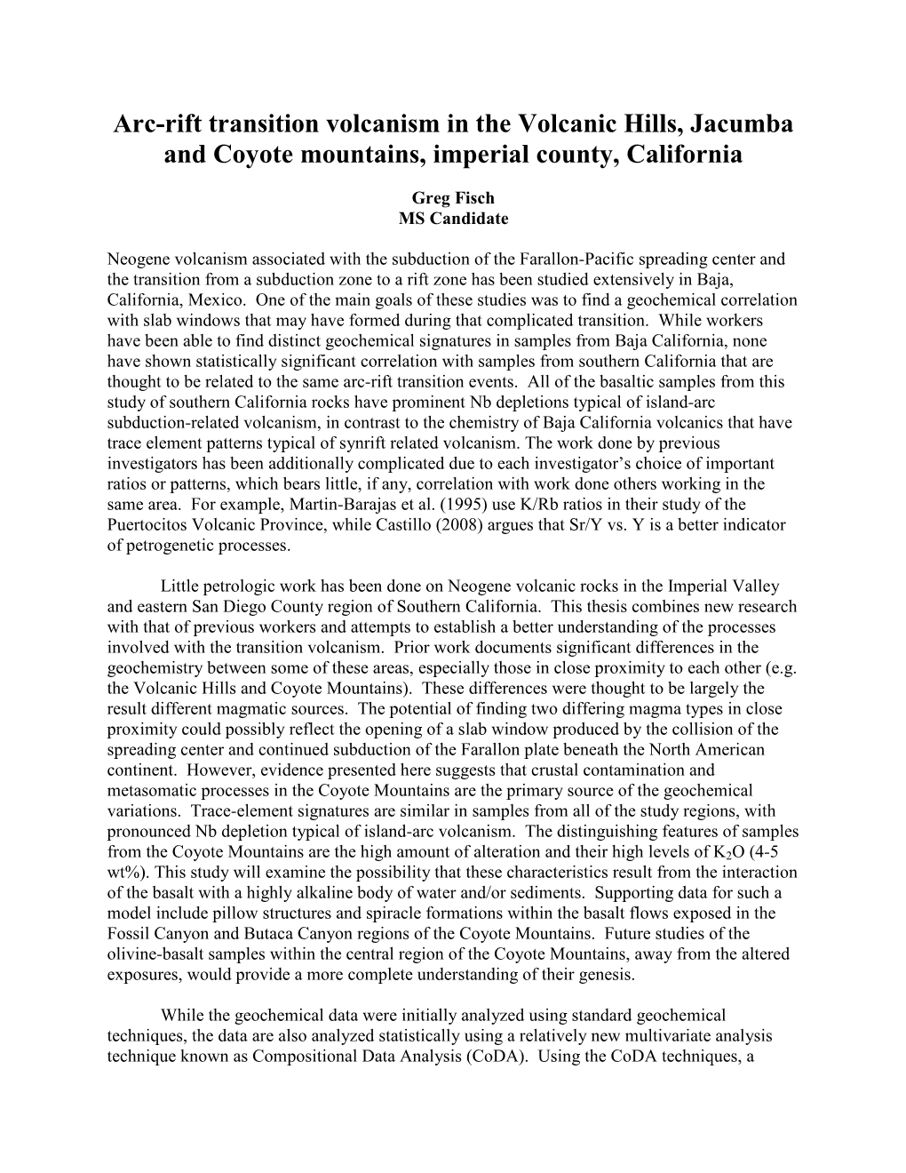 Arc-Rift Transition Volcanism in the Volcanic Hills, Jacumba and Coyote Mountains, Imperial County, California