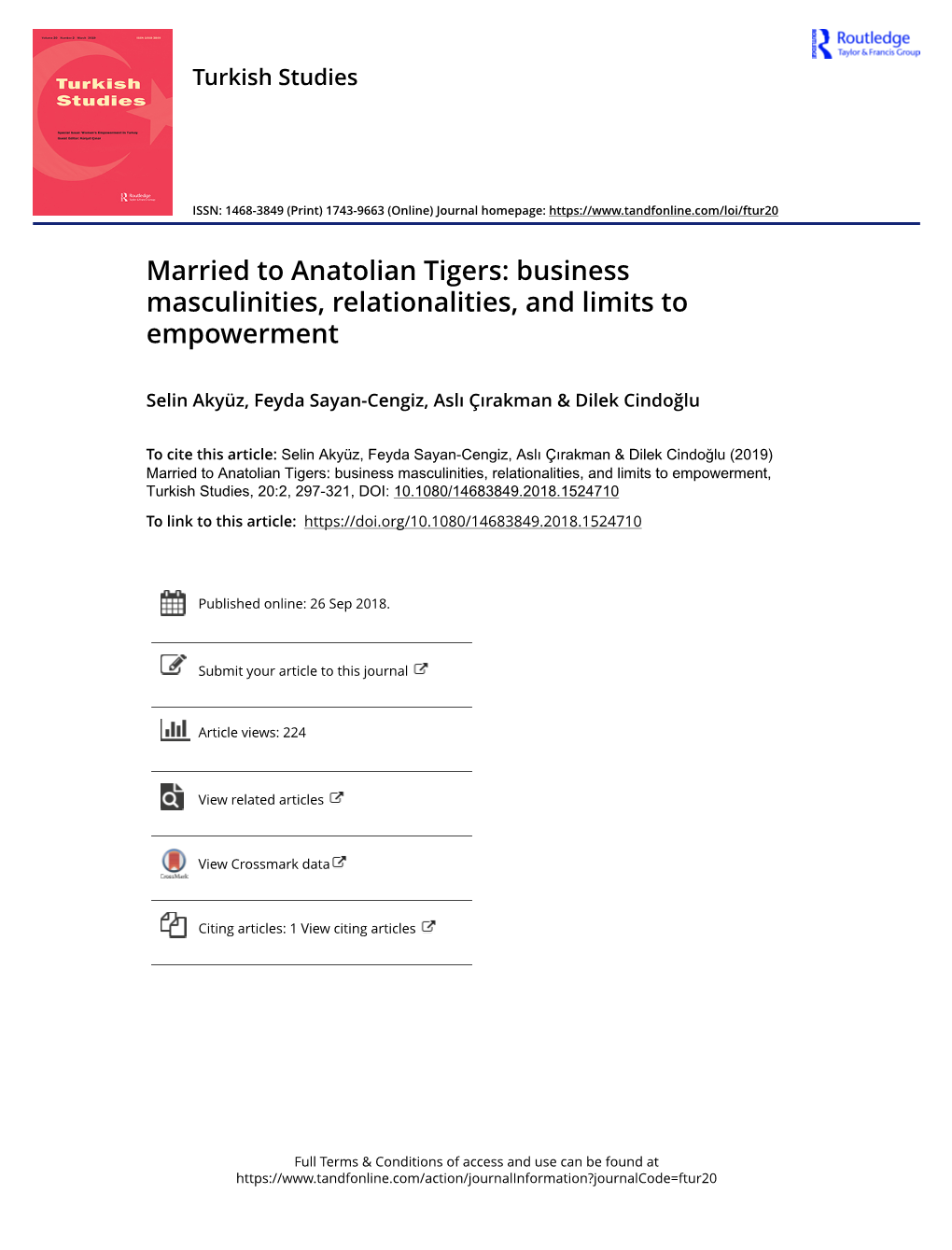Married to Anatolian Tigers: Business Masculinities, Relationalities, and Limits to Empowerment