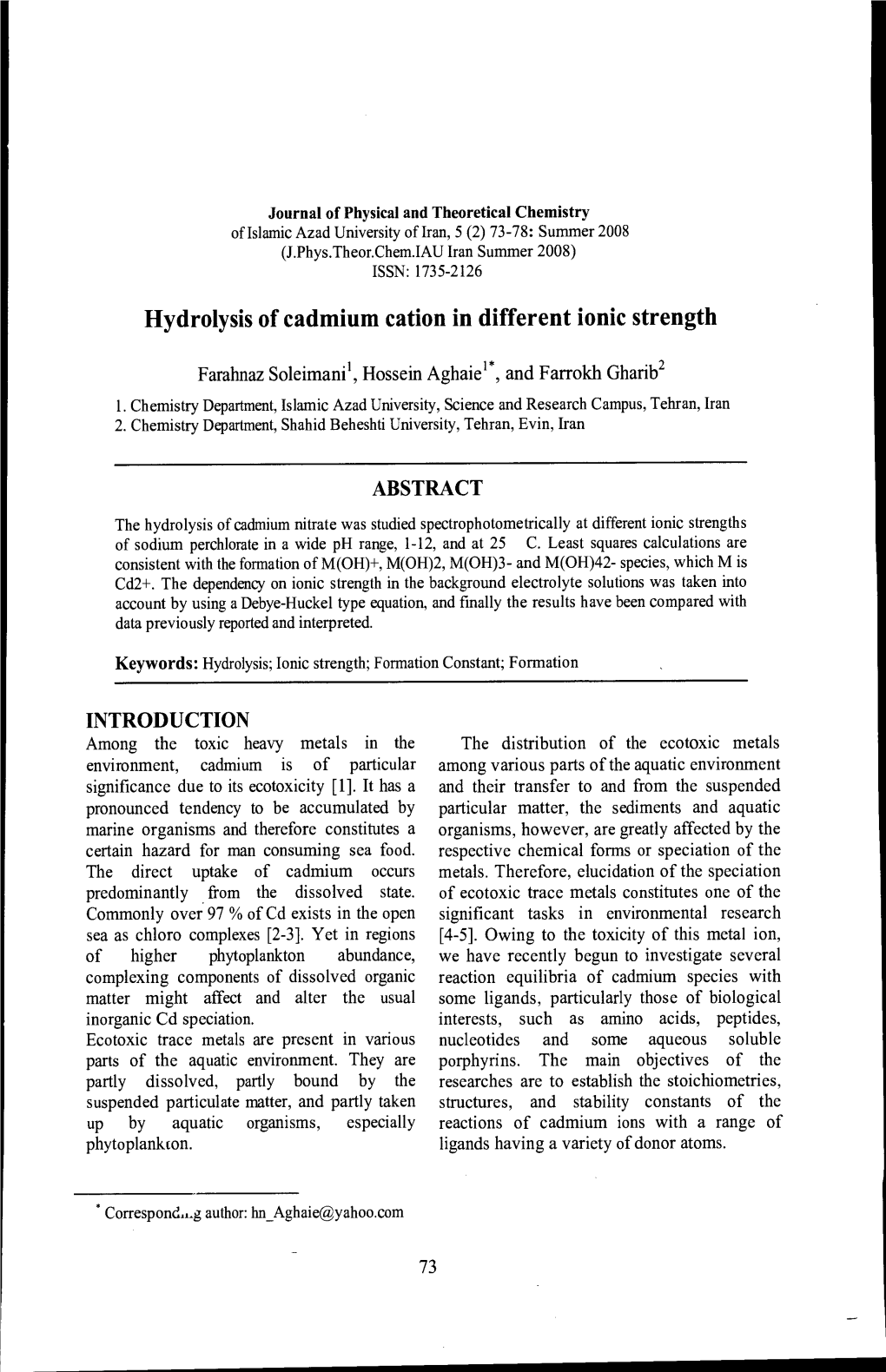 Hydrolysis of Cadmium Cation in Different Ionic Strength