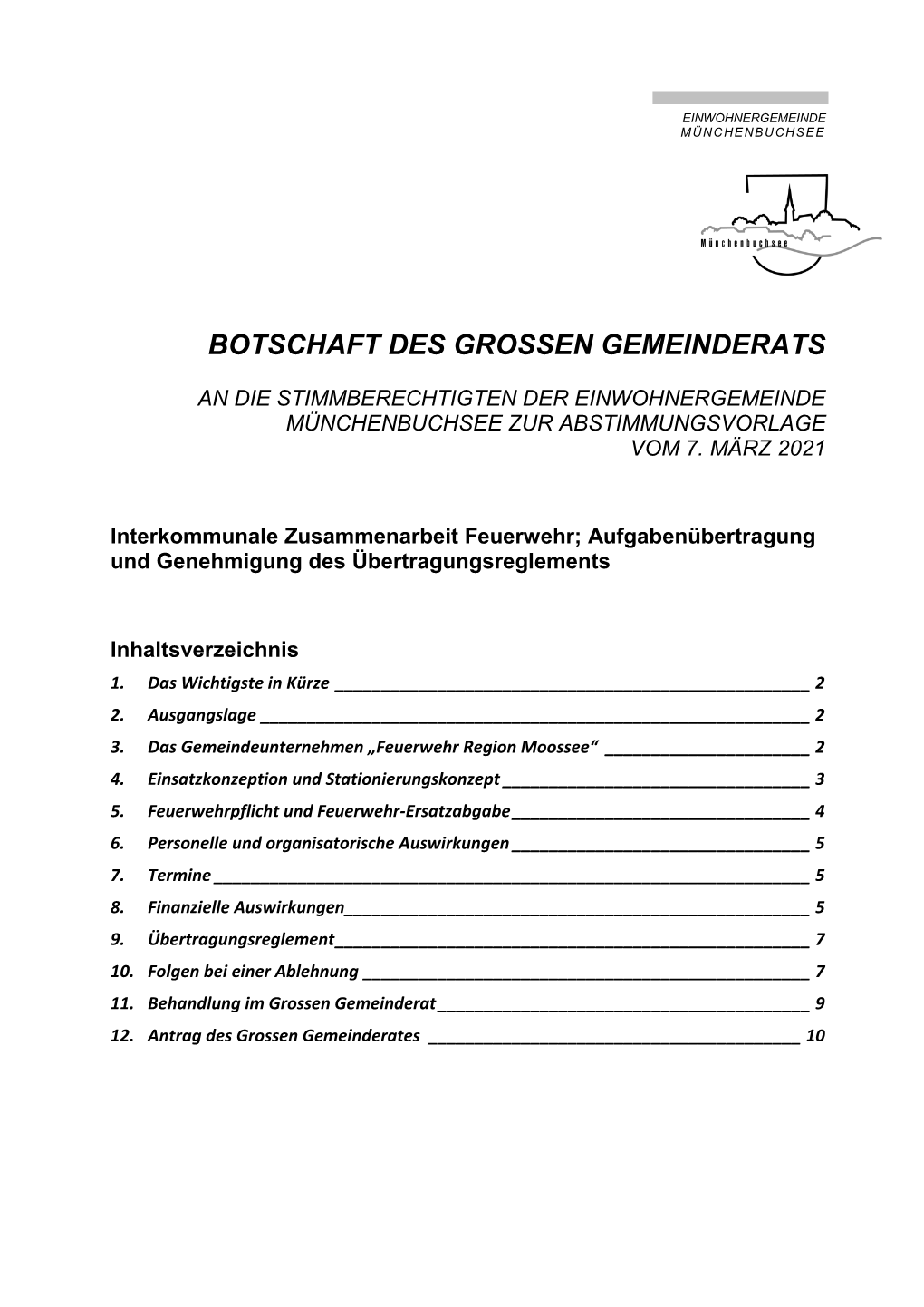 Botschaft Des Grossen Gemeinderats