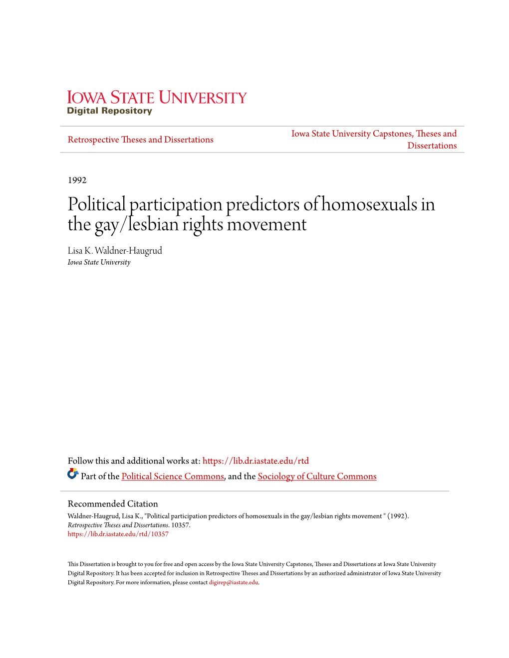 Political Participation Predictors of Homosexuals in the Gay/Lesbian Rights Movement Lisa K