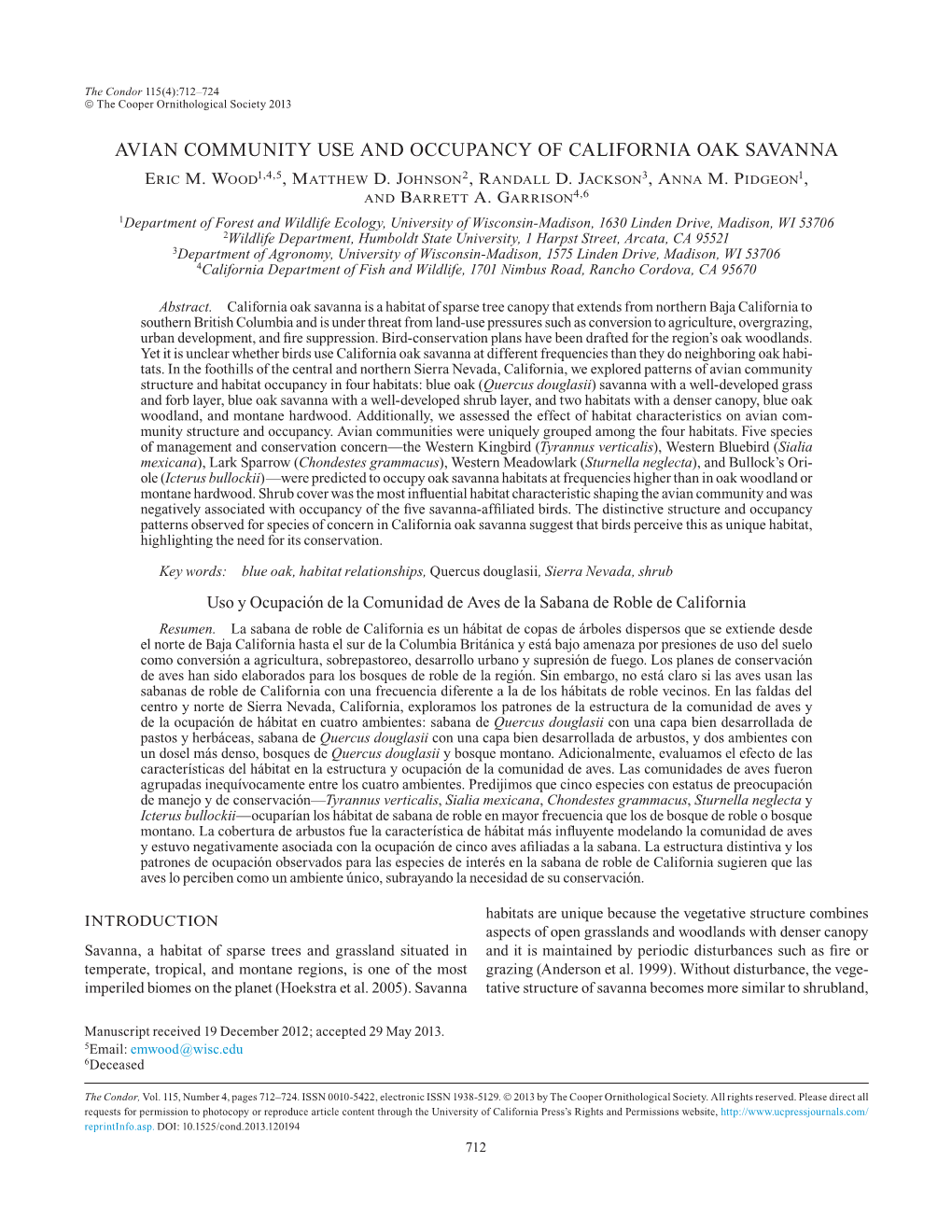 Avian Community Use and Occupancy of California