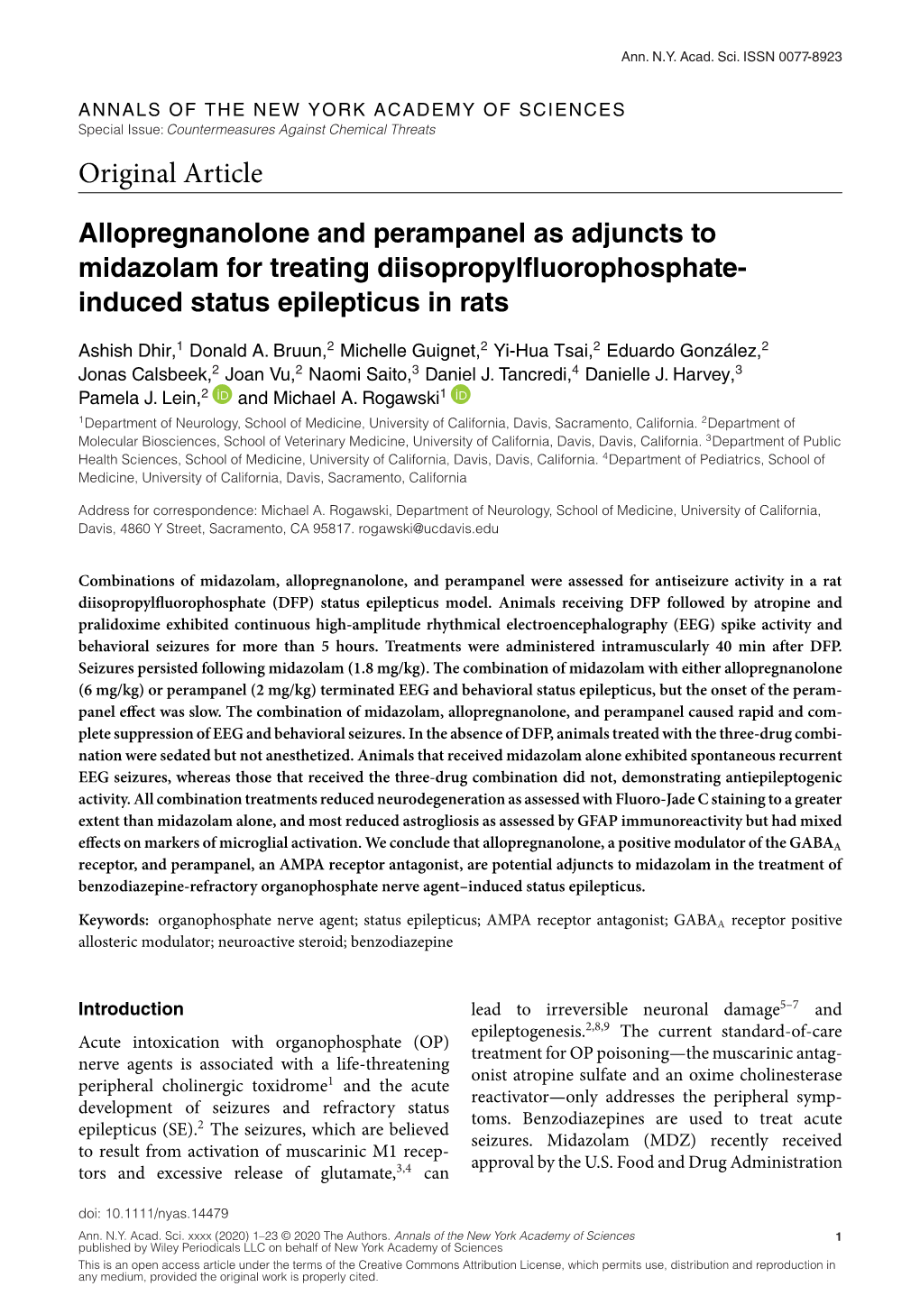Allopregnanolone and Perampanel As Adjuncts to Midazolam for Treating Diisopropylﬂuorophosphate- Induced Status Epilepticus in Rats